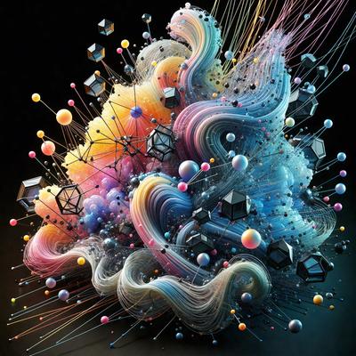 The primary subject of the image is a colorful, abstract artwork featuring a mix of geometric shapes, balls, and other elements. The setting is a dark background, which contrasts with the vibrant colors of the artwork. The visual style is a combination of digital art and illustration, creating a unique and eye-catching piece. The dominant colors are a mix of pink, blue, yellow, and green, giving the artwork a lively and energetic atmosphere.